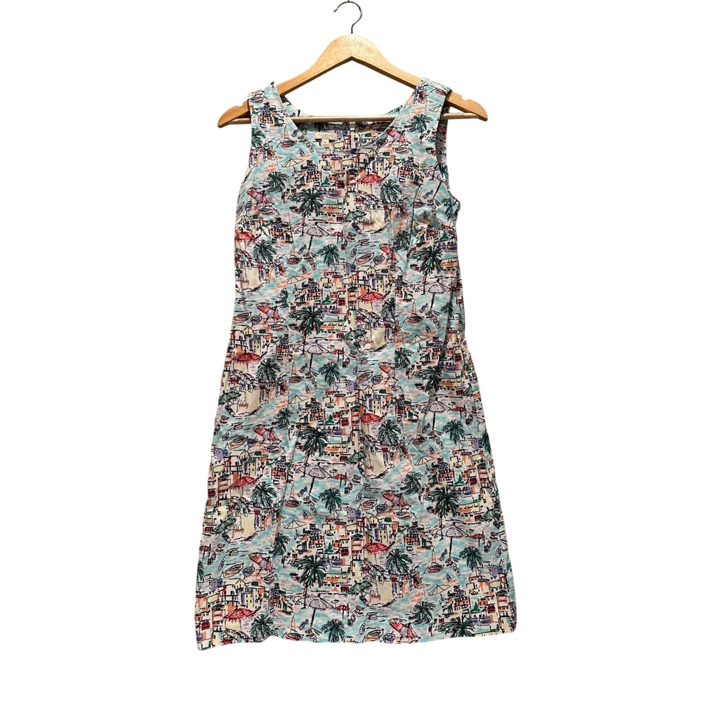 Talbots Sleeveless Tropical Coastal Village Shift Dress Blue Pink 6P Cotton